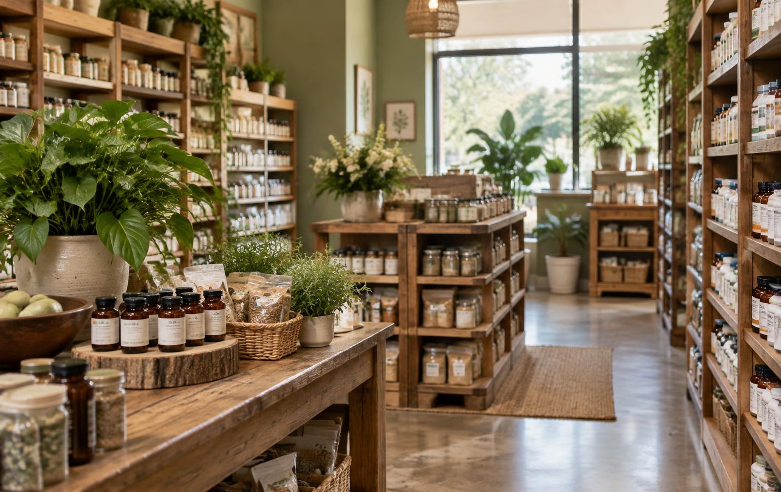 Warm natural health store with herbs, supplements, and specialty goods