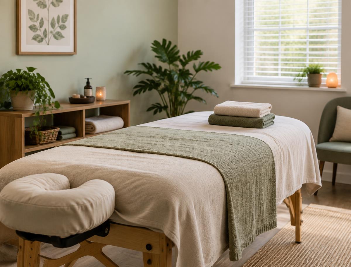 Peaceful treatment room prepared for massage and reflexology